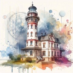Lighthouse and stormy sea. Watercolor style. AI generated illustration