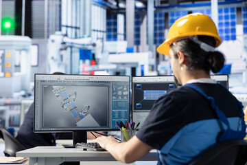 Data analyst in photovoltaics facility reviewing efficiency reports on PC, interpreting trends to...