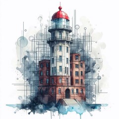 Lighthouse and stormy sea. Watercolor style. AI generated illustration