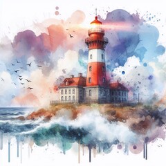 Lighthouse and stormy sea. Watercolor style. AI generated illustration