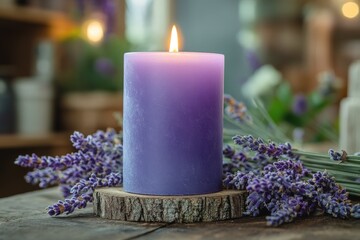 Lavender candle on wooden base surrounded by fresh lavender flowers in a cozy indoor setting