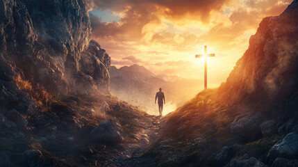 Person Walking Through Canyon Toward Glowing Cross