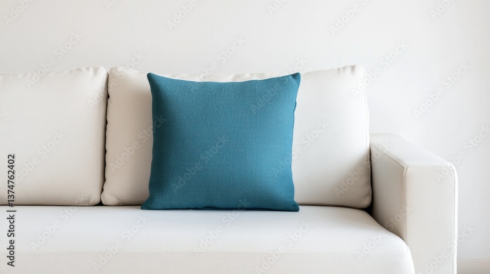 Poster white sofa with a blue throw pillow on it. the sofa has three cushions, two on the left side and one