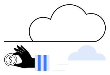 Black hand placing coin toward large cloud. Smaller cloud below illustrates speed. Ideal for finance, technology, saving, cloud storage, innovation, digital banking wealth transfer. Flat simple