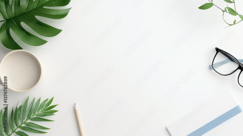 Poster flat lay of a white background with various objects arranged on it.