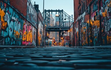 Vibrant Urban Alleyway Graffiti with Bridge View suitable for real estate listing