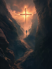 Person Walking Through Canyon Toward Glowing Cross