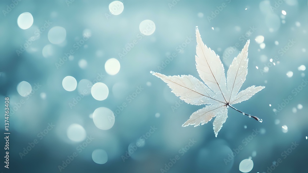 Poster single white maple leaf floating against dreamy turquoise bokeh background with soft glowing orbs cr