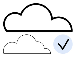 Minimalistic bold and thin cloud outlines paired with a blue checkmark. Ideal for weather apps, approval processes, cloud storage, internet services, data security, compliance themes, flat simple