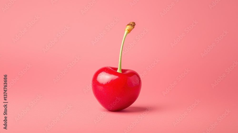 Poster close-up of a single red cherry on a pink background. the cherry is in the center of the image and i