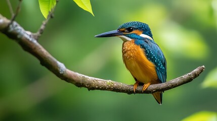 Obraz premium A common kingfisher perched on a branch against a blurred green background in natural light