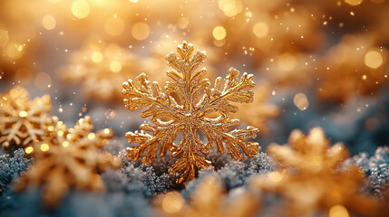 Fototapeta premium Merry Christmas, Happy New Year. Glitter yellow background golden Christmas snowflakes close up. Monochrome snowflake Christmas background gold, luxury, flat lay, snowflakes, copy space