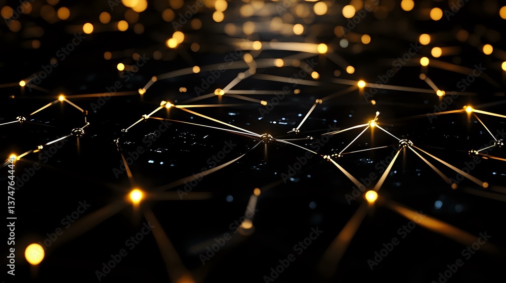 Poster abstract network of glowing golden connection points and lines against dark background creating futu