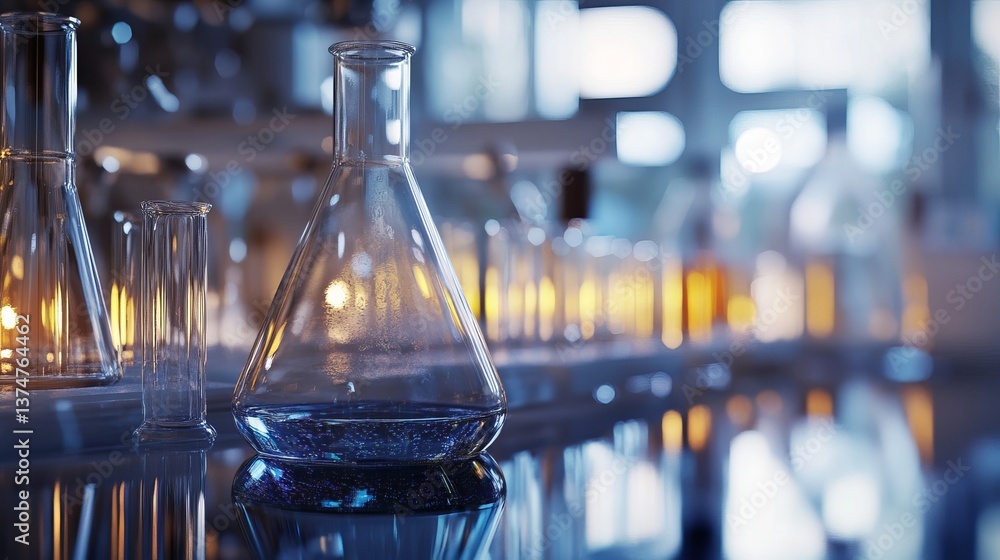 Poster close up of laboratory glassware with a liquid inside on a reflective surface in a lab setting
