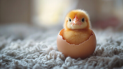 A fluffy baby chicken sits inside a broken eggshell symbolizing new beginnings innocence and potential The modern aesthetic highlights fresh starts growth and the cycle of life