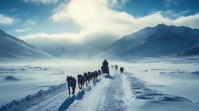 Sled dog team racing through snowy trail under dramatic skies. Musher leading the pack in Iditarod Trail Sled Dog Race. Epic winter landscape and teamwork