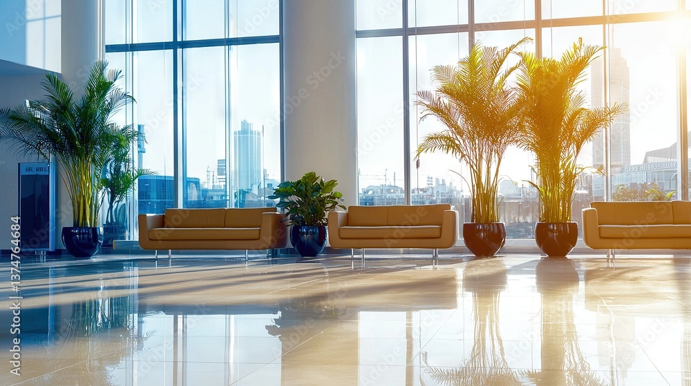 Aufkleber a pair of couches sits beside each other in front of a large window with numerous windows inside