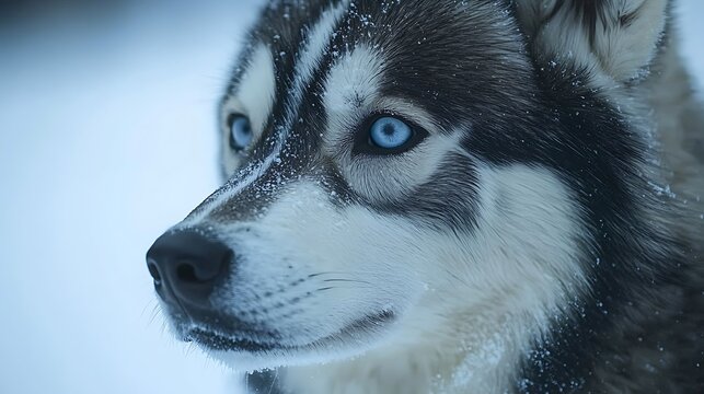 Close-up of husky dog with piercing blue eyes and snow-dusted fur. Intense gaze reflecting the spirit of Iditarod Trail Sled Dog Race. Iconic sled dog portrait