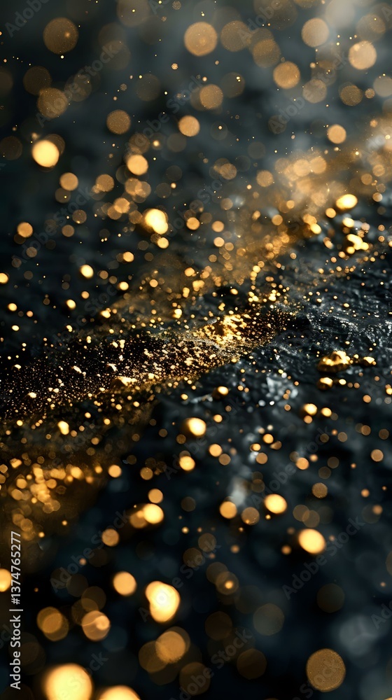 Poster magical golden bokeh lights scattered on dark background with glowing particles and sparkles creatin