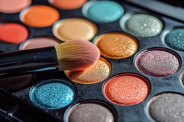 A macro photography closeup of a makeup eye shadow palette highlights the beauty of its numerous, distinct colors, all carefully arranged for cosmetics use
