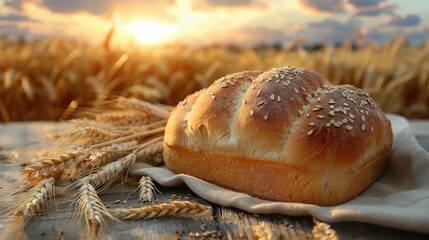 Bread placed rustic wooden table ears wheat, field background. Seasonal panorama background harvest.  Concept sale, discount, banner, advertising.