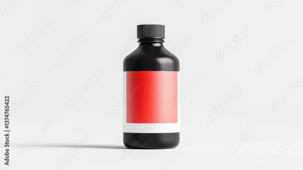 Aufkleber 3d rendering of a black bottle with a red label. the bottle has a black cap and is standing upright 