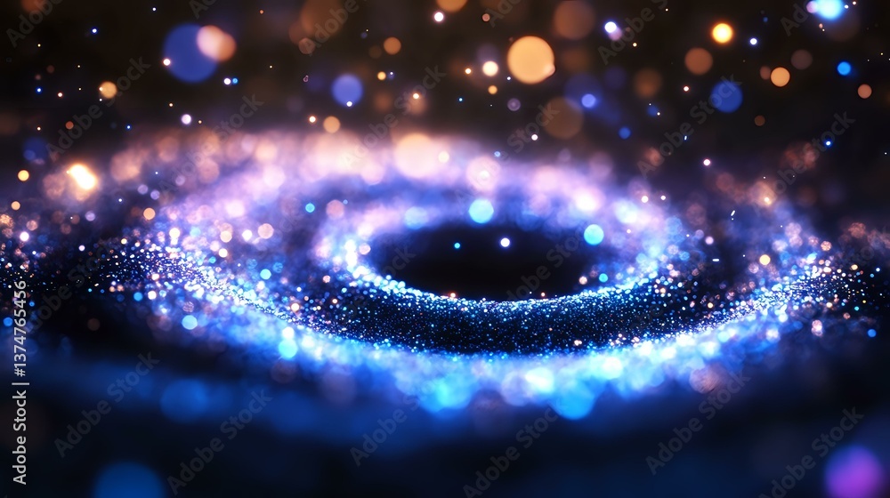Poster magical swirling galaxy formation with glowing blue and orange bokeh lights creating cosmic spiral p