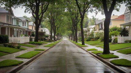 Obraz premium Cinematic shot of a quiet suburban street with trees and pastel houses
