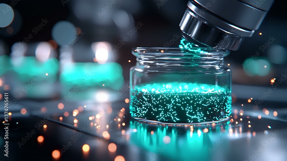 Poster glowing turquoise liquid drops into glass container creating magical effect with sparkling bokeh lig