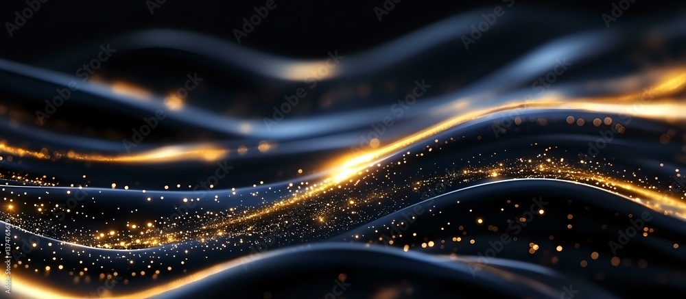 Poster glowing golden waves with sparkles flow against dark background creating magical abstract pattern fo