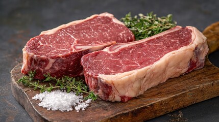 Fototapeta premium Ribeye steaks with marbling sit on a wooden cutting board. Herbs and coarse salt accompany them, suggesting a preparation for grilling or roasting. The presentation highlights the quality of the meat.