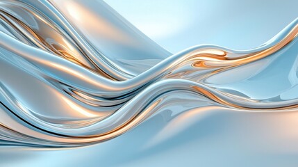 Soft waves of metallic material reflect warm light, creating an abstract and dynamic visual experience in a bright environment. Colors interplay harmoniously, enhancing the beauty.