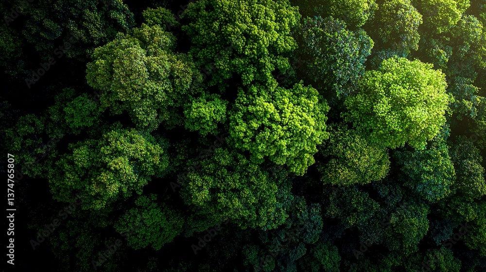 Aufkleber an aerial view of a dense forest with numerous trees in the foreground and a panoramic bird's eye vi