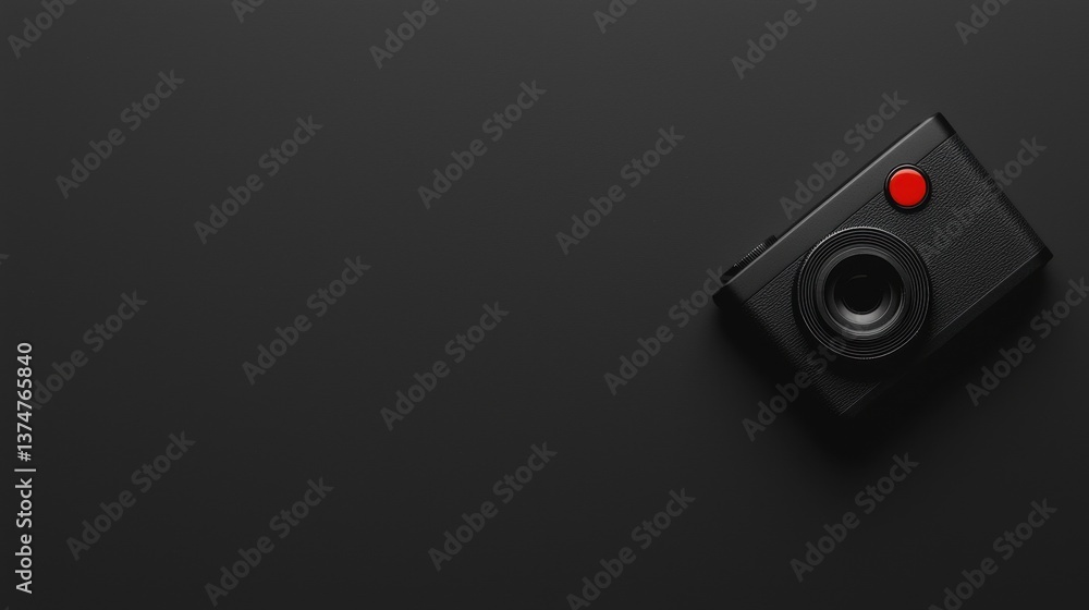 Poster close-up of a black camera with a red button on the top right corner. the camera is placed on a dark