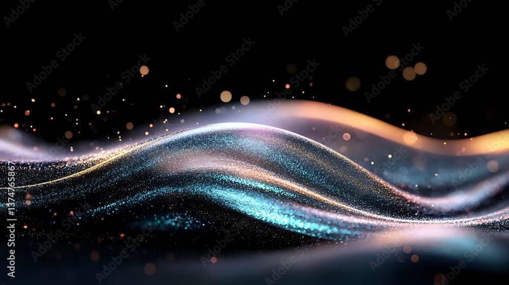 Poster magical glowing waves with sparkles and light effects on black background. abstract flowing lines in