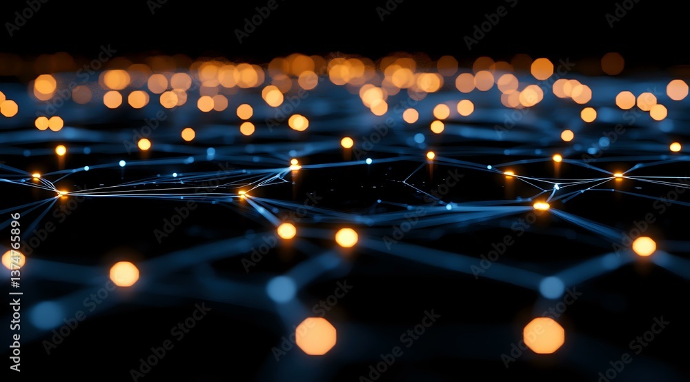 Poster glowing network connections with orange light dots on dark background, abstract technology mesh stru