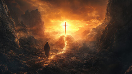 Person Walking Through Canyon Toward Glowing Cross