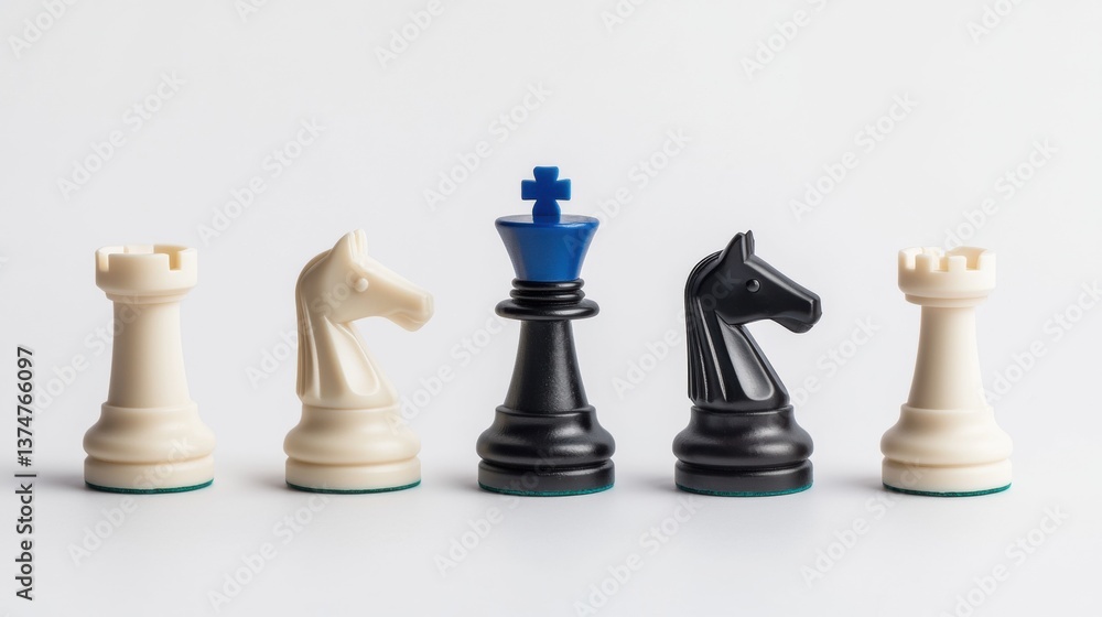 Poster four chess pieces arranged in a row on a white background. the pieces are made of plastic and are of