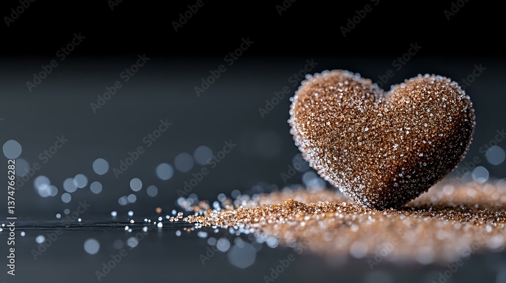 Poster sparkling copper glitter heart shape on dark background with bokeh lights and scattered shimmer part