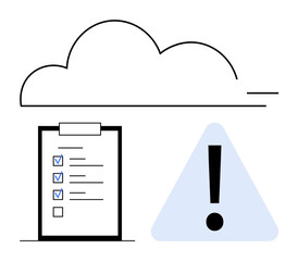 Cloud outline, checklist with marked items, and warning triangle with exclamation mark. Ideal for cloud computing, data management, information security, task planning, risk awareness, compliance © robu_s