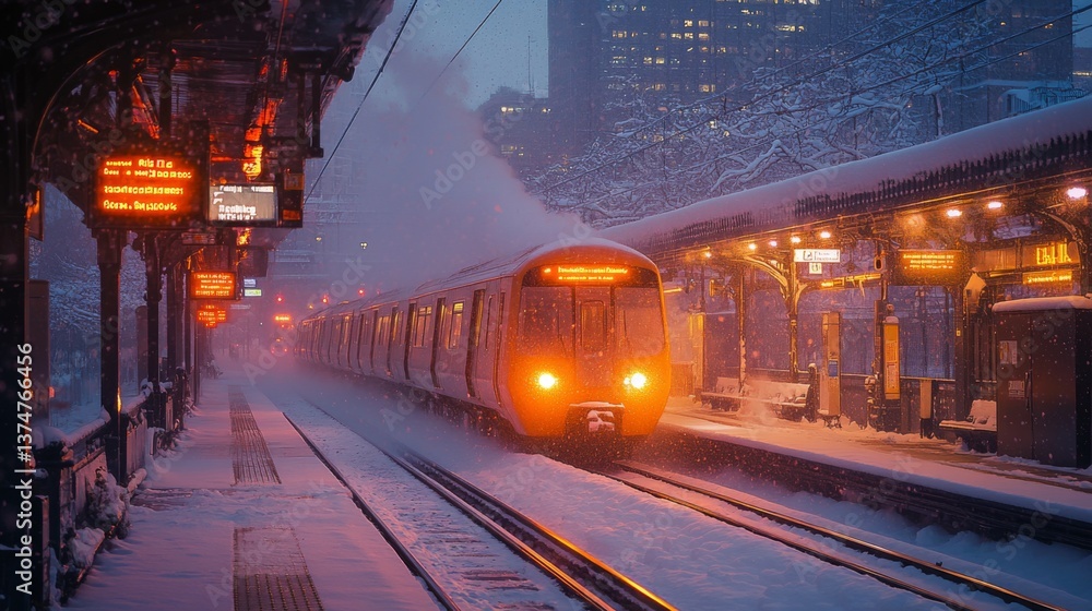 Poster a commuter train pulls into a snowy metro station, its lights glowing warmly against the backdrop of