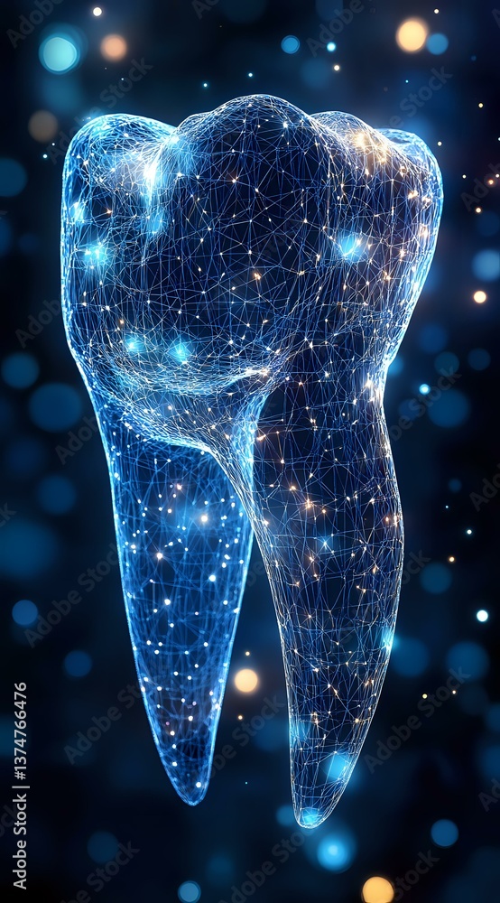 Aufkleber glowing digital molar tooth with connected dots and lines forming network pattern on dark blue backg