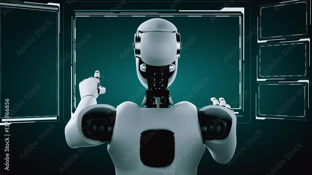 Poster ai hominoid robot touching virtual hologram screen showing concept of big data analytic using artifi