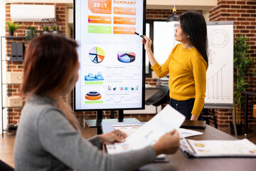 Woman wearing yellow pullover stands near digital monitor, presenting financial graphs during...
