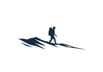 Fototapeta premium Adventurous Hiker Silhouette on Mountain Peak Trekking Backpack Travel Journey