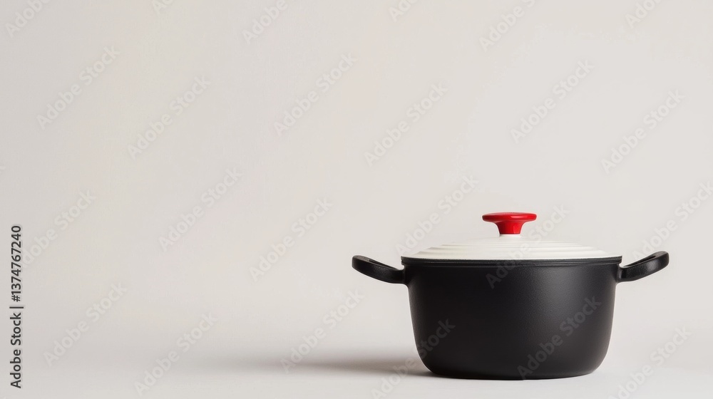 Poster black pot with a red lid and two handles on either side. the pot appears to be made of ceramic or en