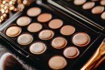 An eyeshadow palette, accompanied by makeup brushes, sits on a sunlit table surrounded by golden decor