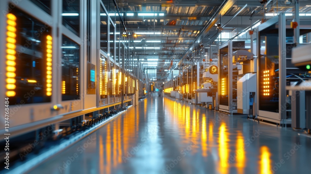 Poster a wide view of a high-tech manufacturing facility filled with various machines and illuminated pathw