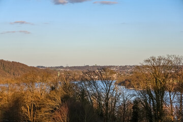 Rhine River winding through Oberhausen in early spring