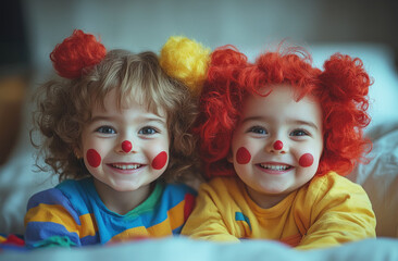Fototapeta premium Portrait Group Cute children at party, dressed in clown outfits with curly wigs and red noses, light background. Holiday, birthday concept.